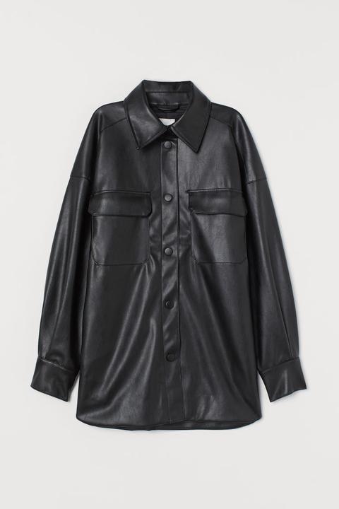 Imitation Leather Shirt Jacket - Black