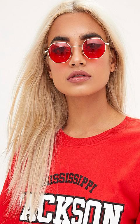 Red Tinted Small Hexagon Retro Sunglasses, Red