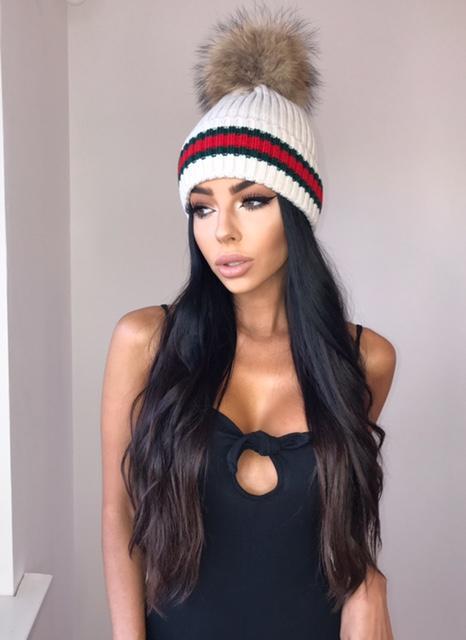 Pippa Striped Faux Fur Bobble Hat - Stone