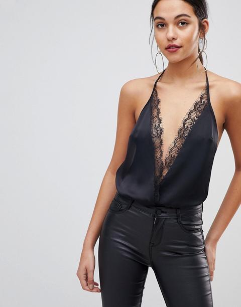 Asos Design - Body Nero Con Bordi In Pizzo - Nero