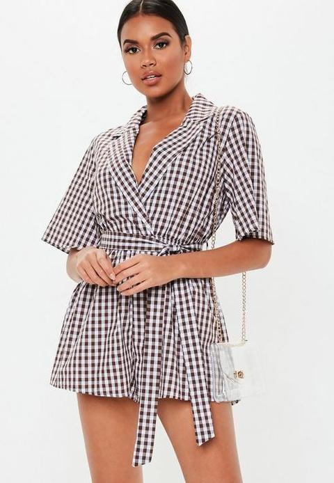 Brown Gingham Short Sleeve Blazer Playsuit, Brown