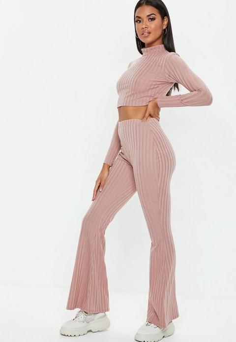 Tall Pink Matte Ribbed Flared Trousers, Pink