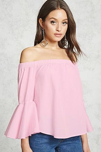 Forever 21 Pinstriped Off-the-shoulder Top Pink/white