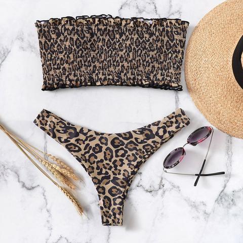 Bandeau Fruncido Con Estampado De Leopardo Con Bikini De Pierna Alta