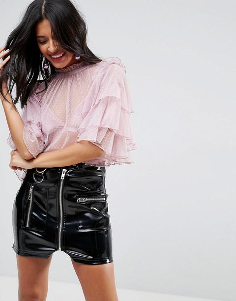 Asos - Top In Rete A Pallini Con Maniche A Volant - Rosa