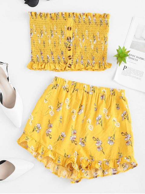 Zaful Top Estampado Floral Con Volantes Fruncido Y Pantalones Cortos Bright Yellow