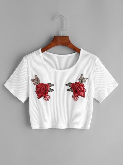 Fiore Bianco Ricamato Crop A Coste T-shirt