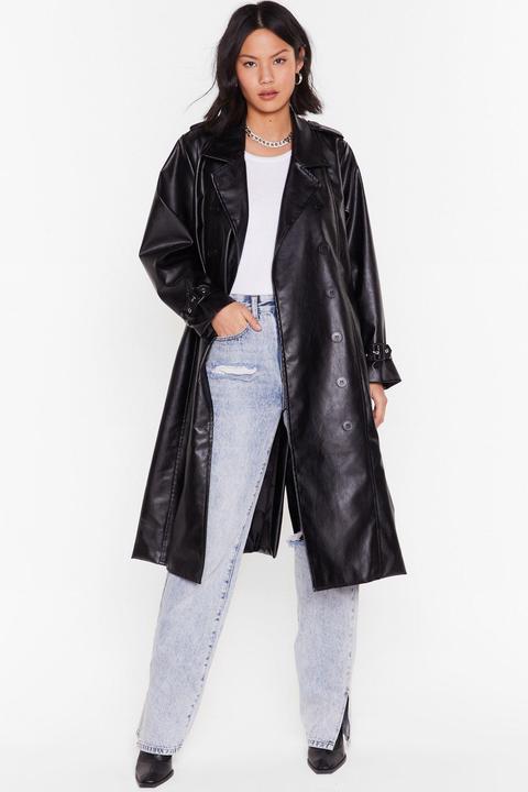 Womens Faux Leather Belted Trench Coat