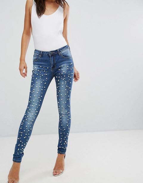 Prettylittlething - Jeans Con Decorazioni Di Perle - Blu