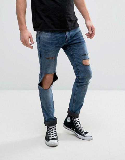 Religion - Jeans Super Skinny Elasticizzati Con Buchi Alle Ginocchia - Blu