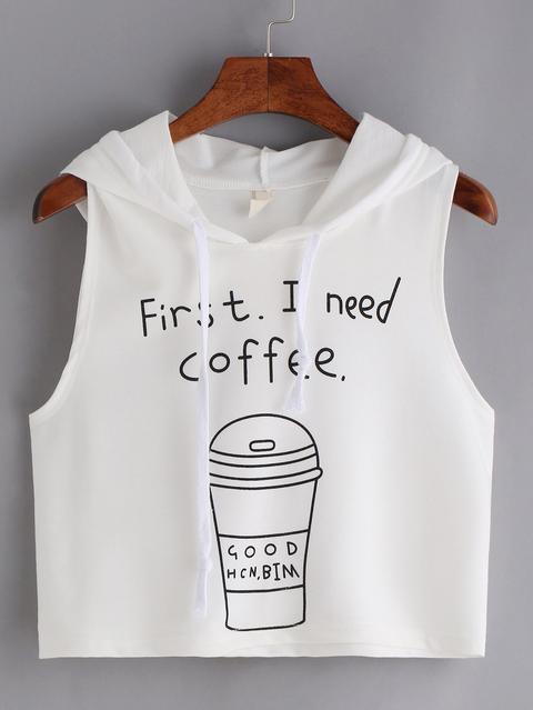 Coffee Print Hooded Crop Tank Top - White