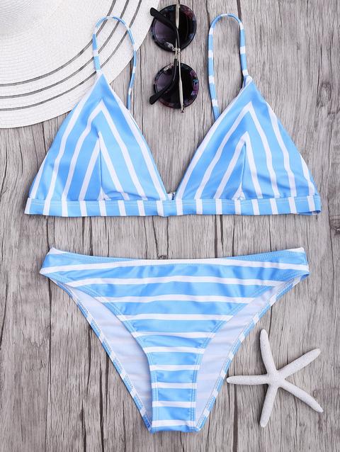 Striped Spaghetti Strap Bikini Set - Light Blue - M