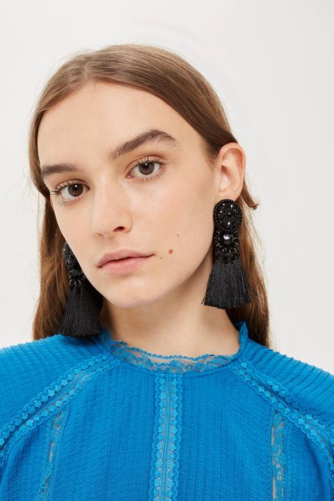 Womens Black Bead And Tassel Drop Earrings - Black, Black