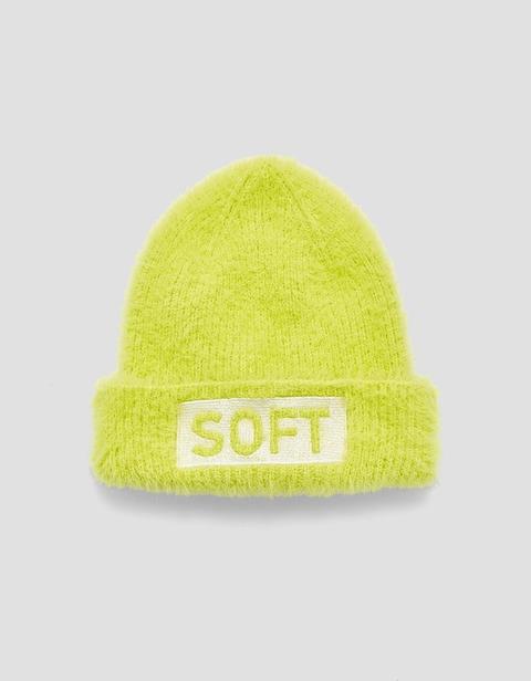 Fluffy Neon Beanie With Slogan In Green