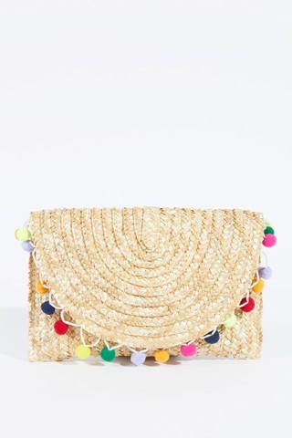 Candice Beige Straw Pom Pom Clutch Bag