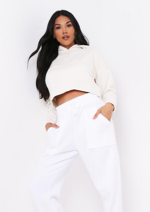 Alina Cream Pocket Front Cropped Hoodie