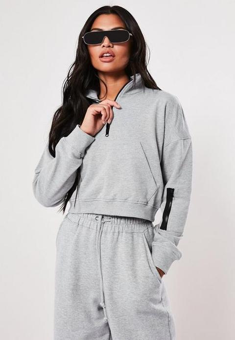 Grey Zip Front Pocket Cropped Sweatshirt, Grey