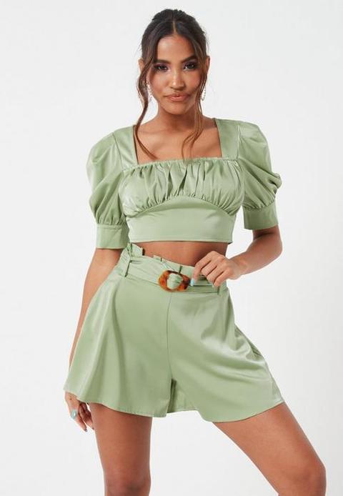 Sage Satin Paperbag Waist Buckle Shorts, Green