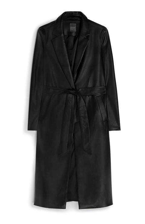 Black Faux Leather Belted Coat