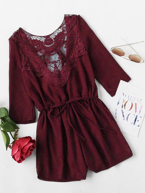 Heather Burgundy Crochet Lace Insert Back Tie Romper