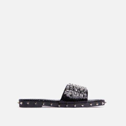 Toni Studded Detail Flat Slider Sandal In Black Faux Leather, Black