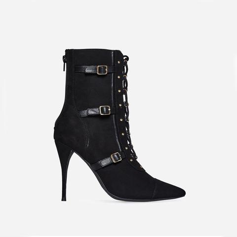 Kia Lace Up Buckle Detail Ankle Boot In Black Faux Suede, Black