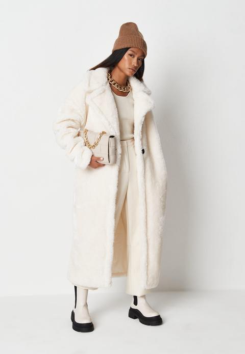 Manteau Long En Peau Lainée Blanche À Coutures Apparentes