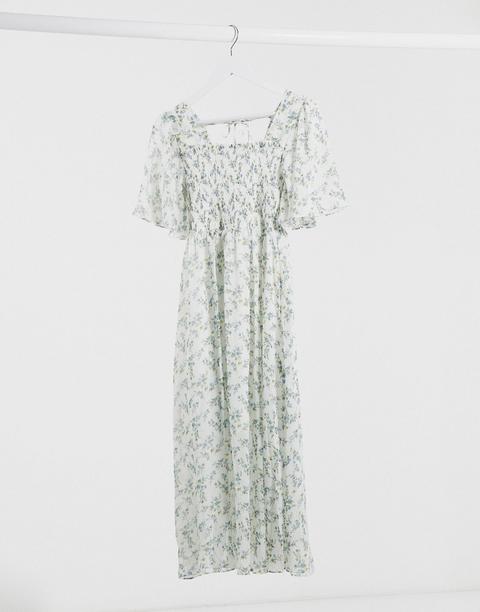 Daisy Street Midi Dress With Shirred Bodice And Puff Sleeves In Vintage Floral-white