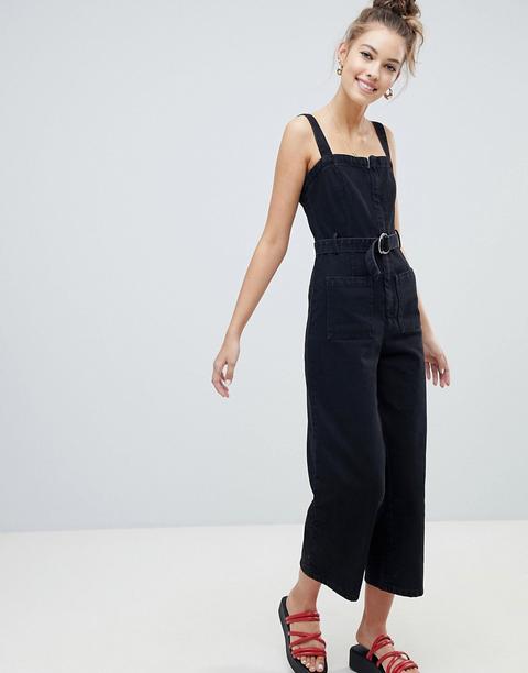 Asos Design - Combinaison En Jean Avec Ceinture - Noir Délavé - Noir