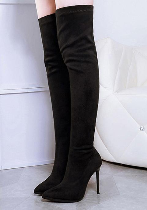 Stivali Punta Tonda Stiletto Casuale Sopra Il Ginocchio Nero