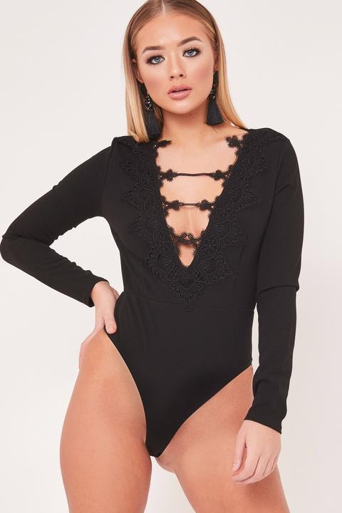 Emily Black Lace Neck Trim Bodysuit