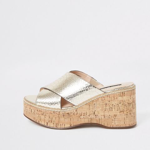 Gold Metallic Cross Strap Wedges