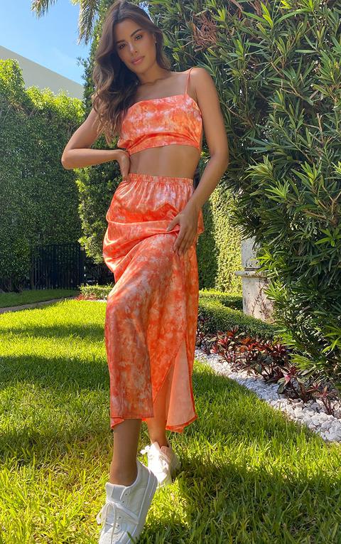 Tall Orange Tie Dye Satin Tie Back Crop Top
