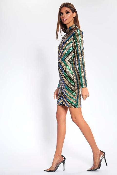 Multi Chevron Sequin Bodycon Dress