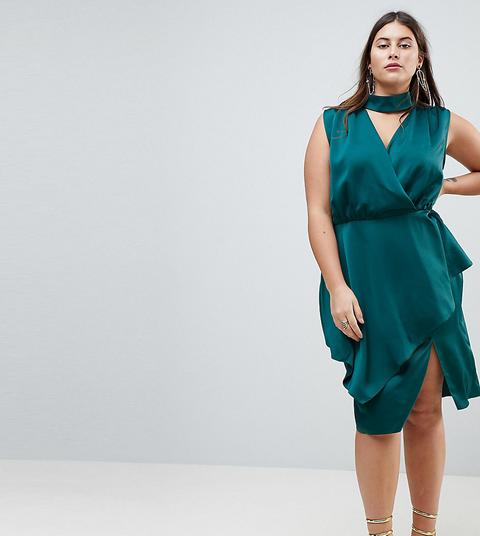 Asos Curve - Figurbetontes Midikleid Mit Wickelrock Und Choker - Grün