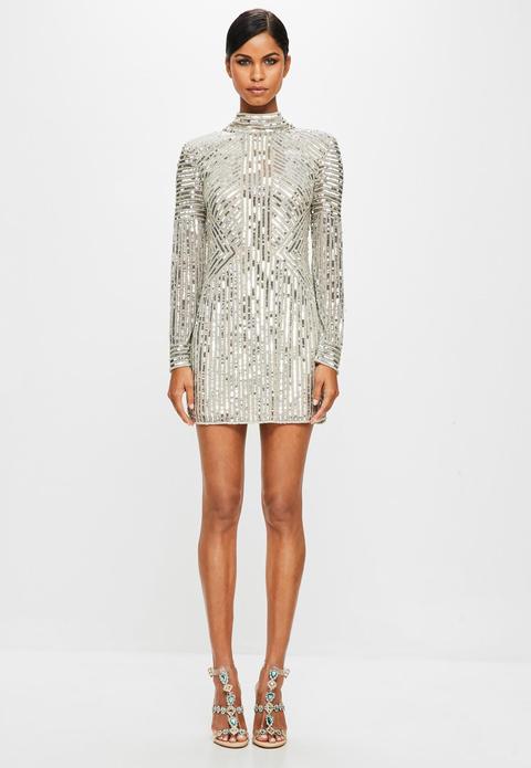 Gold High Neck Sequin Dress, Silver