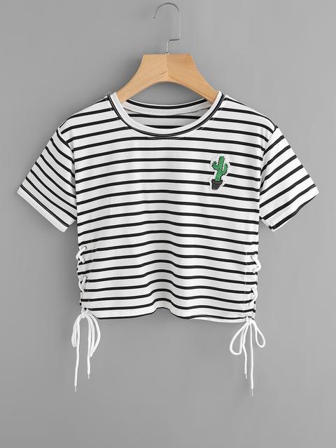 Cactus Patch Stripe Eyelet Lace Up Side Tee