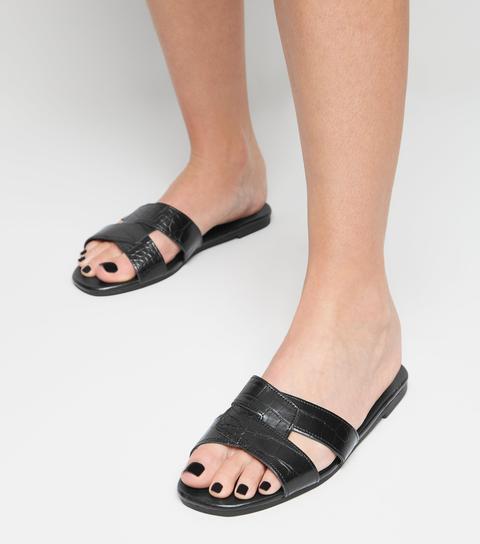 Black Leather-look Interlocked Strap Sliders New Look Vegan