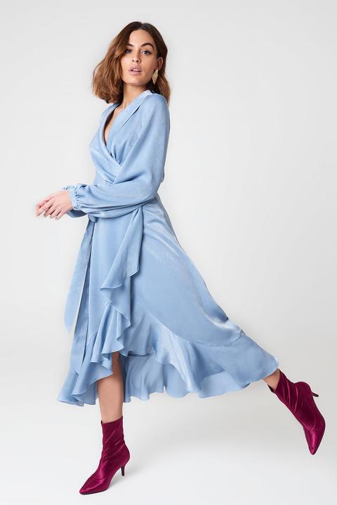 Na-kd Party Wrap Over Satin Frill Dress - Blue