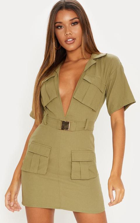 Khaki Cargo Utility Gold Buckle Pocket Detail Bodycon Dress