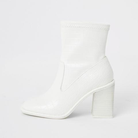 White Croc Embossed Heeled Ankle Boots