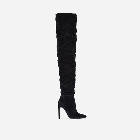 Frances Slouched Over The Knee Long Boot In Black Faux Suede, Black