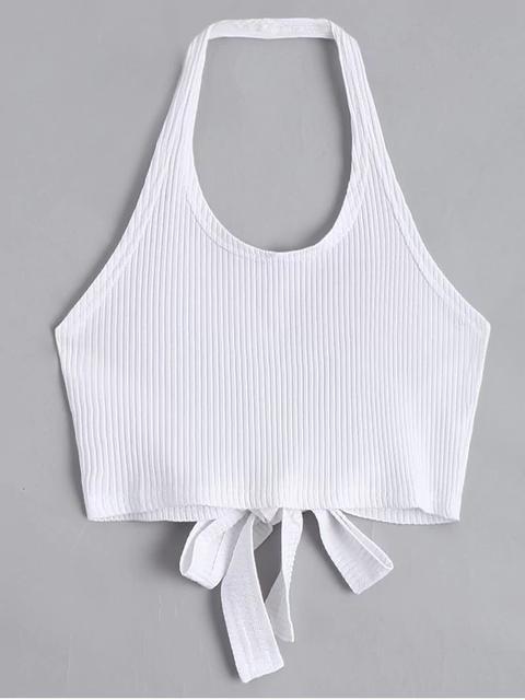 Halter Criss Cross Ribbed Crop Top White Black Stripe Pink