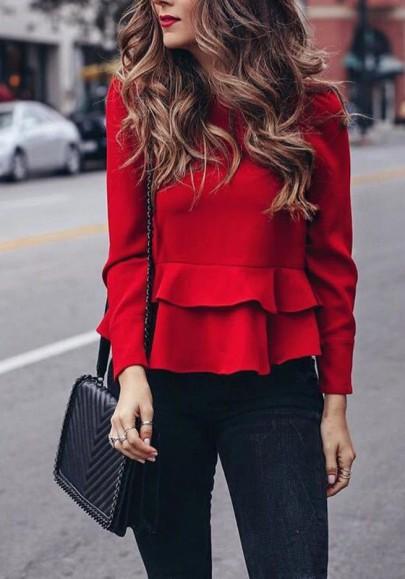 Red Ruffle Round Neck Long Sleeve Peplum Christmas Cute Blouse