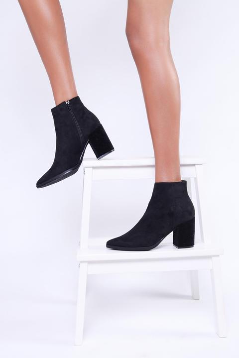 Black Suedette Ankle Boot With Block Heels