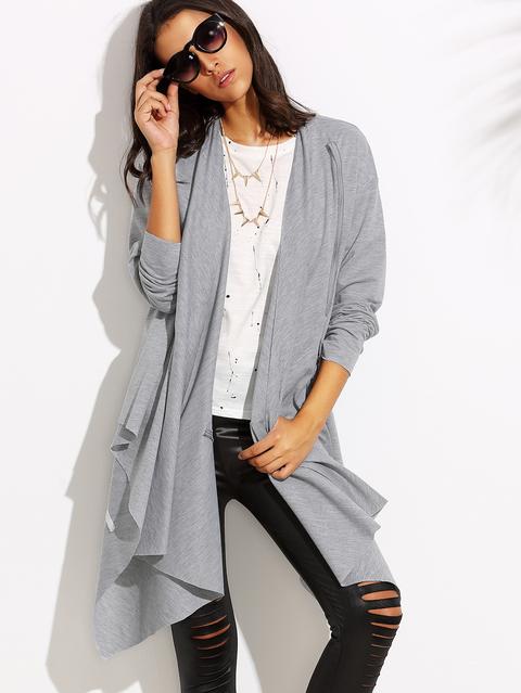 Heather Grey Drape Front Asymmetric Duster Coat