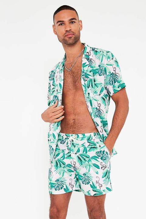 Green Men's Tropical Print Drawstring Shorts