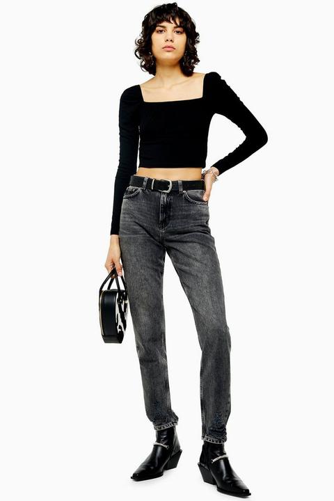 Considered Washed Black Rip Hem Mom Tapered Jeans