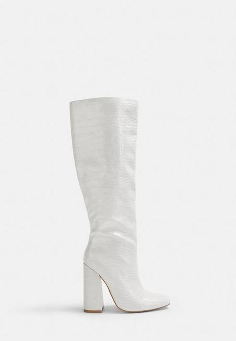 White Faux Leather Snake Calf High Boots, White