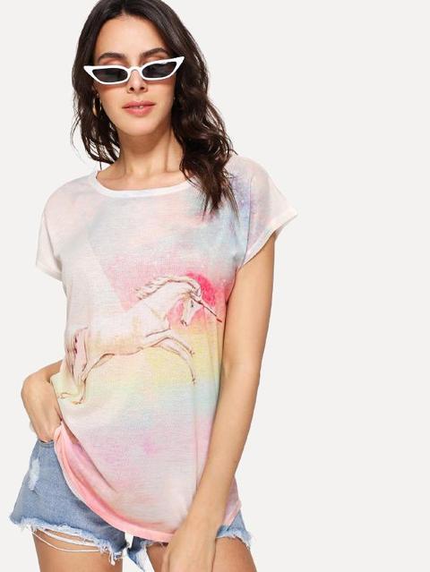 Tee Color Acqua Con Stampa Unicorno